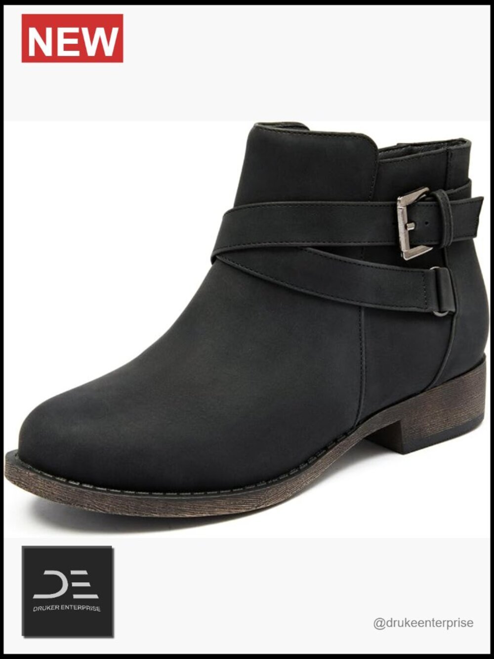 Faux Leather Ankle Boots with Buckle Strap - Chunky Heel, Side Zip